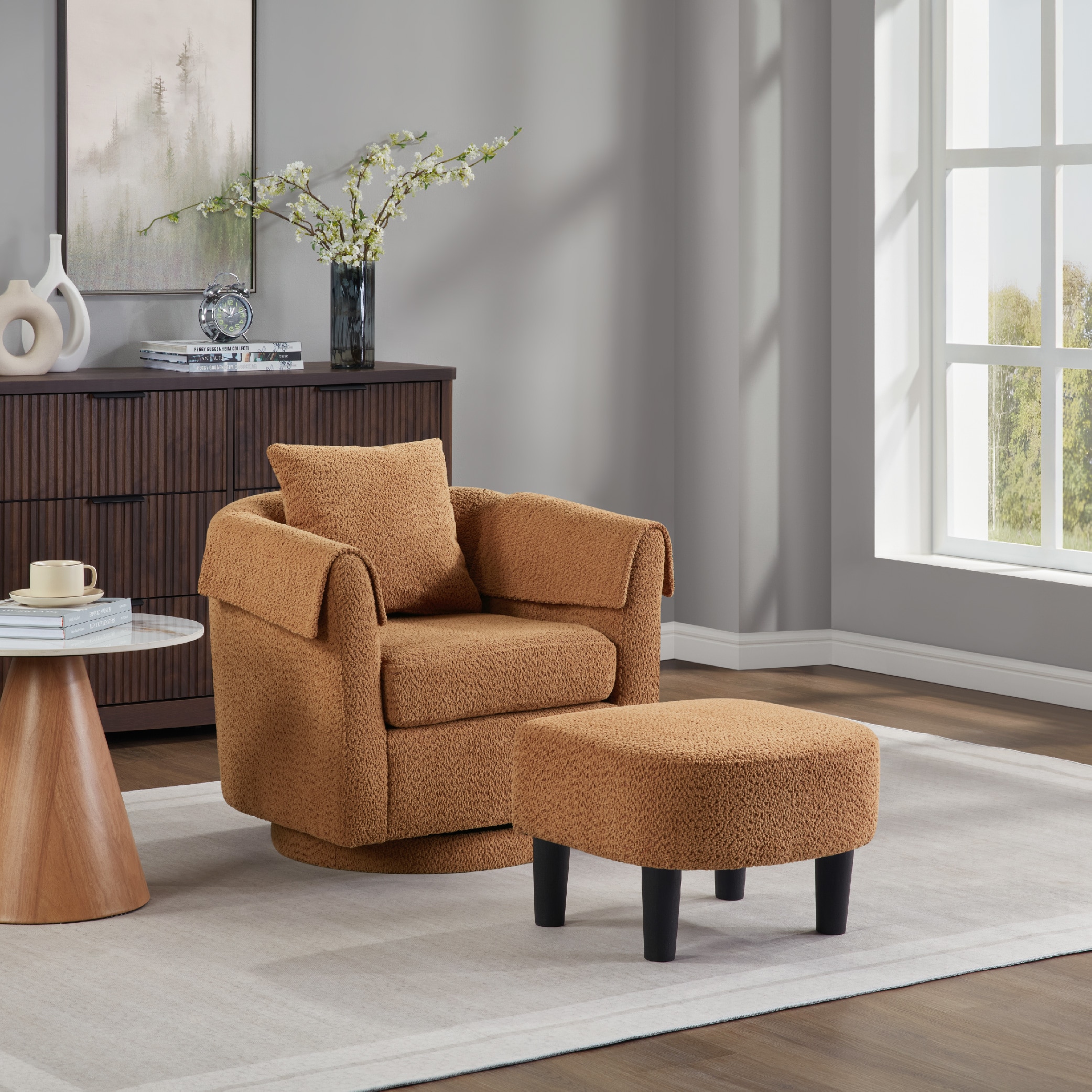 Swivel Accent Chair With Ottoman Set, Modern Chenille Barrel Armchair With Removable Back Pillow & 2 Armrest Covers For Living Room, Bedroom, Office, Yellow_maomaolike.com